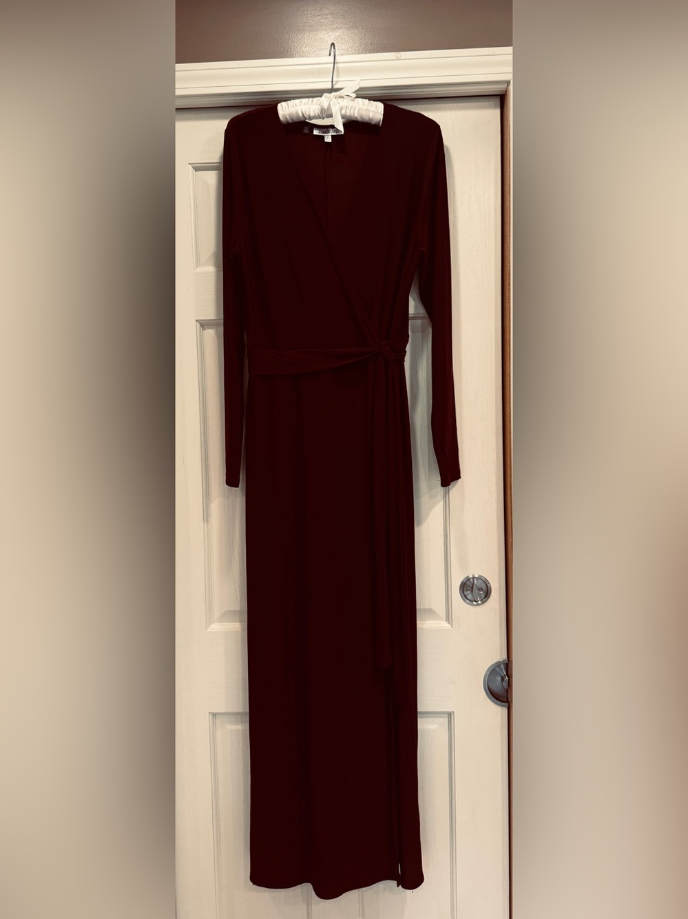 Jennifer Lopez Burgundy Long Sleeve Faux Wrap Maxi Dress